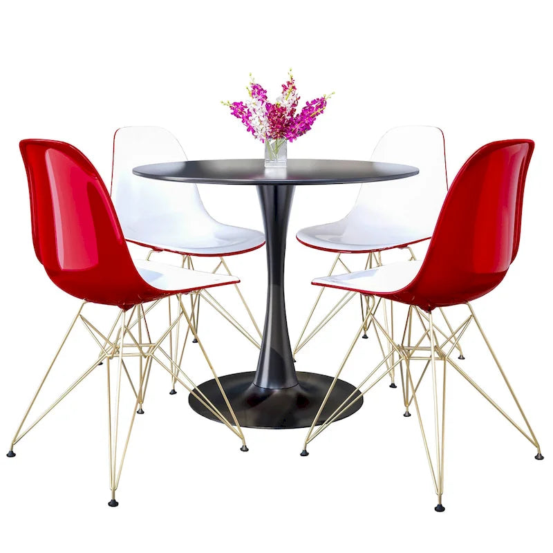 5-Piece Dining Set with 35 Round MDF Table and 4 ABS Plastic Side Chair with Gold Metal Legs