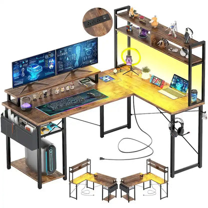 Farmhouse L-shaped Desk with Power Outlet, Gaming Table with Hutch and LED Light