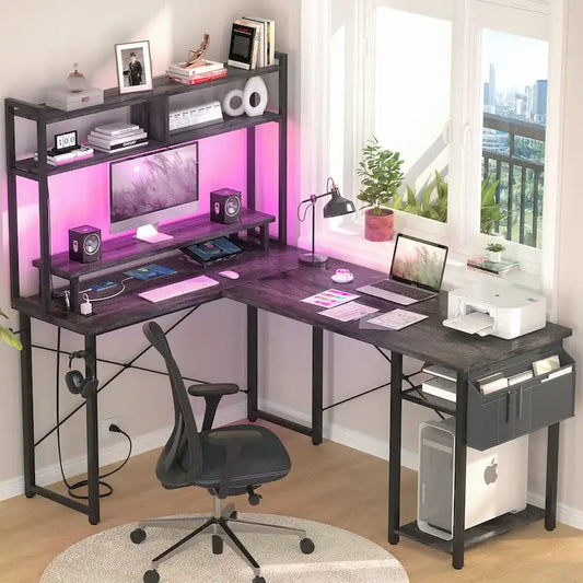 Farmhouse L-shaped Desk with Power Outlet, Gaming Table with Hutch and LED Light