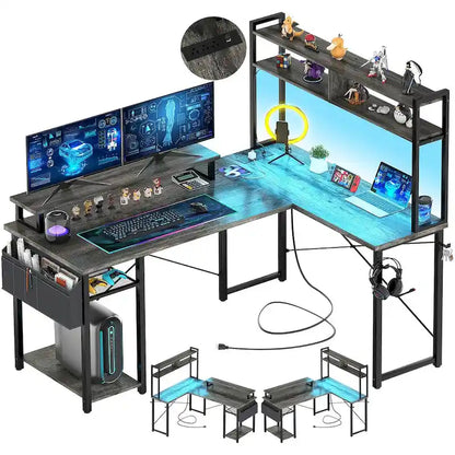 Farmhouse L-shaped Desk with Power Outlet, Gaming Table with Hutch and LED Light