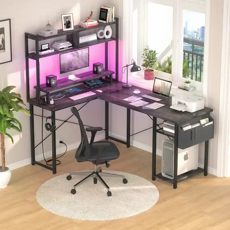 Farmhouse L-shaped Desk with Power Outlet, Gaming Table with Hutch and LED Light