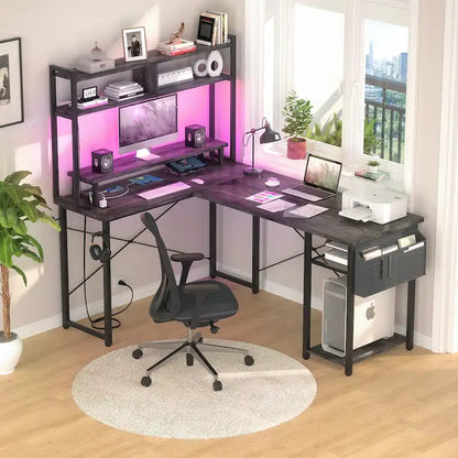 Farmhouse L-shaped Desk with Power Outlet, Gaming Table with Hutch and LED Light