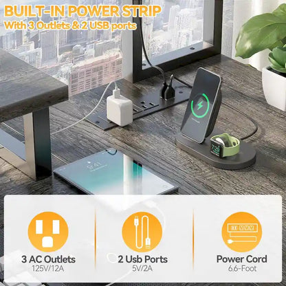 Farmhouse L-shaped Desk with Power Outlet, Gaming Table with Hutch and LED Light