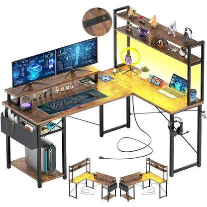 Farmhouse L-shaped Desk with Power Outlet, Gaming Table with Hutch and LED Light