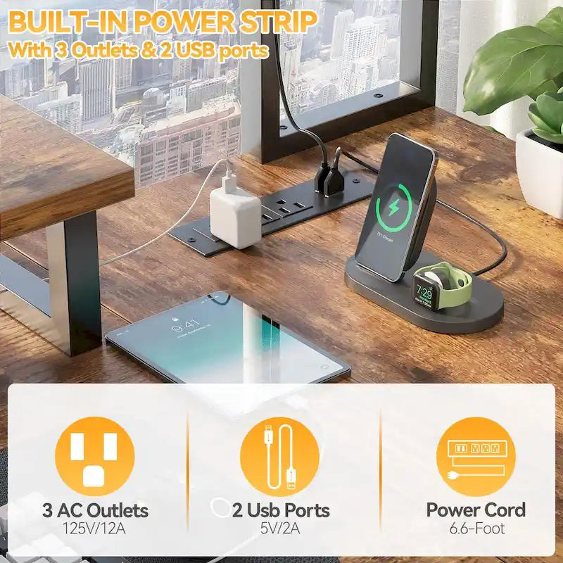 Farmhouse L-shaped Desk with Power Outlet, Gaming Table with Hutch and LED Light