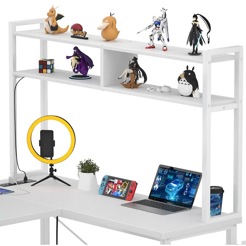 Farmhouse L-shaped Desk with Power Outlet, Gaming Table with Hutch and LED Light