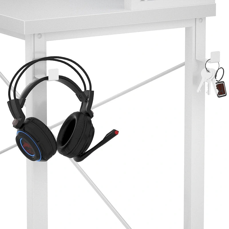 Farmhouse L-shaped Desk with Power Outlet, Gaming Table with Hutch and LED Light