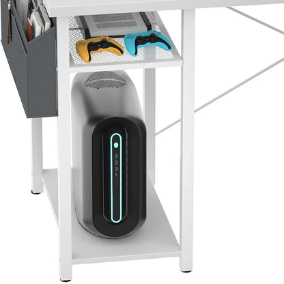 Farmhouse L-shaped Desk with Power Outlet, Gaming Table with Hutch and LED Light