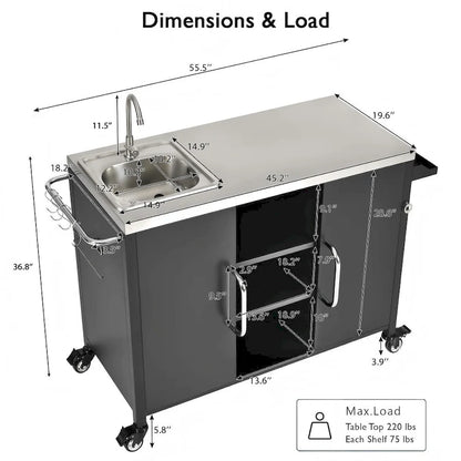 55.5 Outdoor Metal Kitchen Island with 304 Stainless Steel Sink and 4 Lockable Wheels