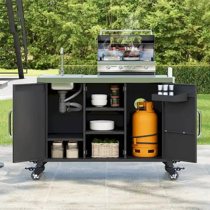 55.5 Outdoor Metal Kitchen Island with 304 Stainless Steel Sink and 4 Lockable Wheels