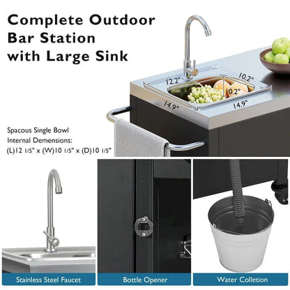 55.5 Outdoor Metal Kitchen Island with 304 Stainless Steel Sink and 4 Lockable Wheels