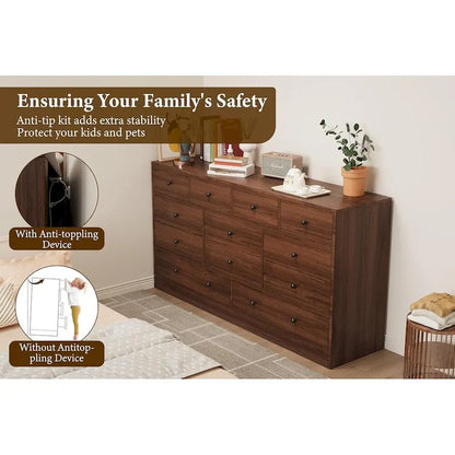 12 Drawer Dresser for Bedroom, 61 Inch Wood Dresser with Power Outlet