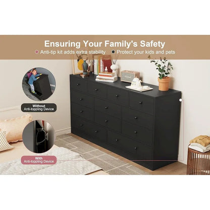 12 Drawer Dresser for Bedroom, 61 Inch Wood Dresser with Power Outlet