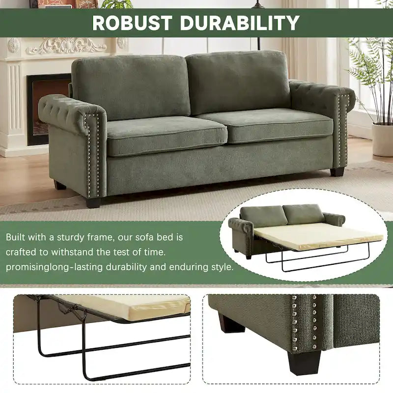 Green 83.8 2-in-1 Polyester 3-seater Nailheads Convertible Pullout Sofa Bed with Folding Mattress for Living Room