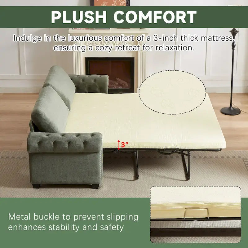 Green 83.8 2-in-1 Polyester 3-seater Nailheads Convertible Pullout Sofa Bed with Folding Mattress for Living Room