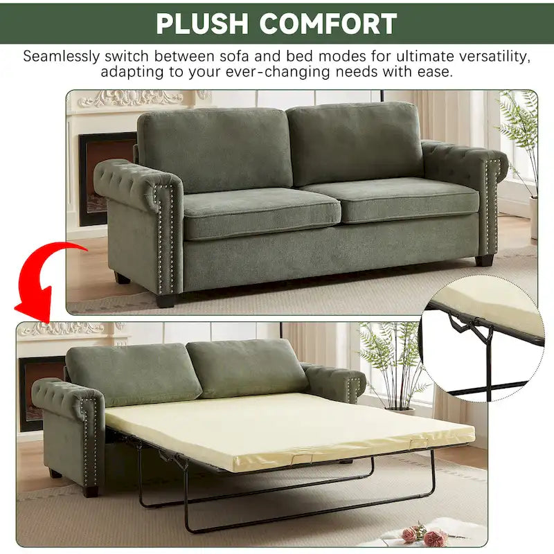 Green 83.8 2-in-1 Polyester 3-seater Nailheads Convertible Pullout Sofa Bed with Folding Mattress for Living Room