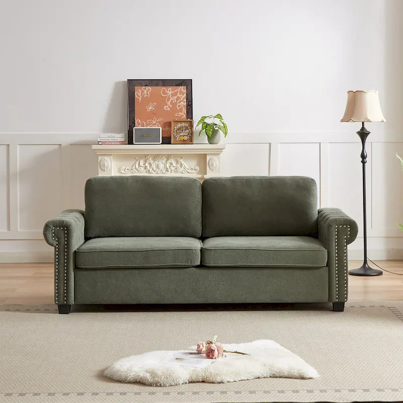 Green 83.8 2-in-1 Polyester 3-seater Nailheads Convertible Pullout Sofa Bed with Folding Mattress for Living Room