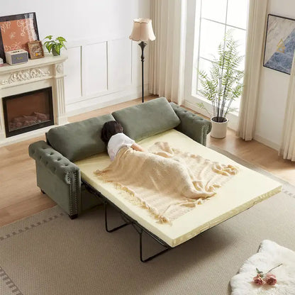 Green 83.8 2-in-1 Polyester 3-seater Nailheads Convertible Pullout Sofa Bed with Folding Mattress for Living Room