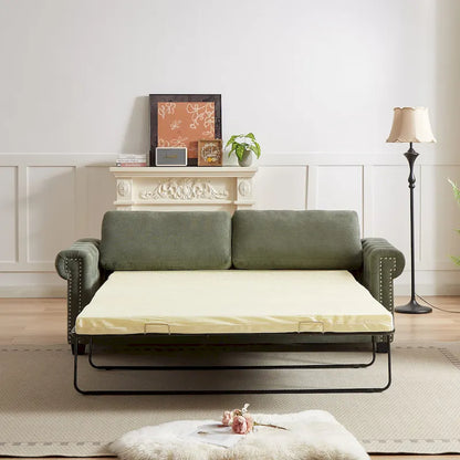 Green 83.8 2-in-1 Polyester 3-seater Nailheads Convertible Pullout Sofa Bed with Folding Mattress for Living Room