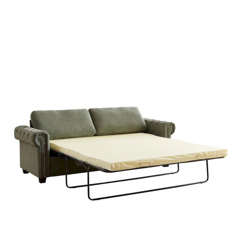 Green 83.8 2-in-1 Polyester 3-seater Nailheads Convertible Pullout Sofa Bed with Folding Mattress for Living Room