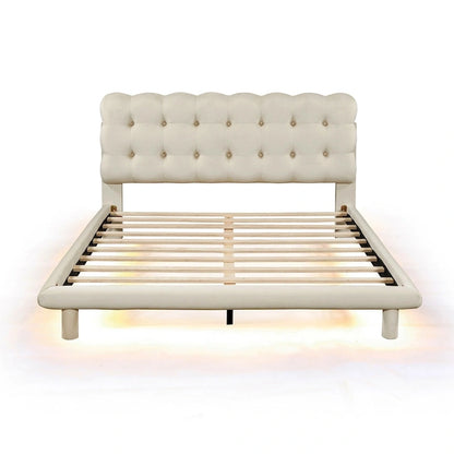 Velvet Upholstered Platform Bed Frame with LED Light & Biscuit Headboard