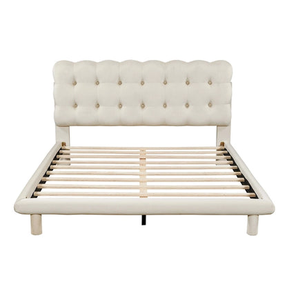 Velvet Upholstered Platform Bed Frame with LED Light & Biscuit Headboard