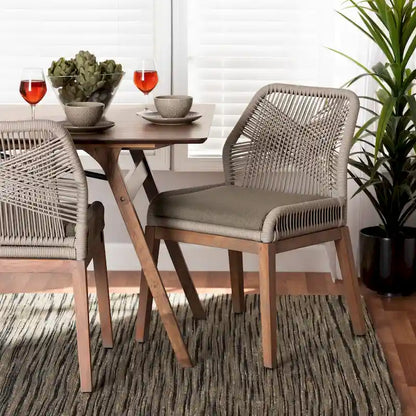 Chaise de salle à manger en acajou et corde tressée, style transitionnel moderne, grise