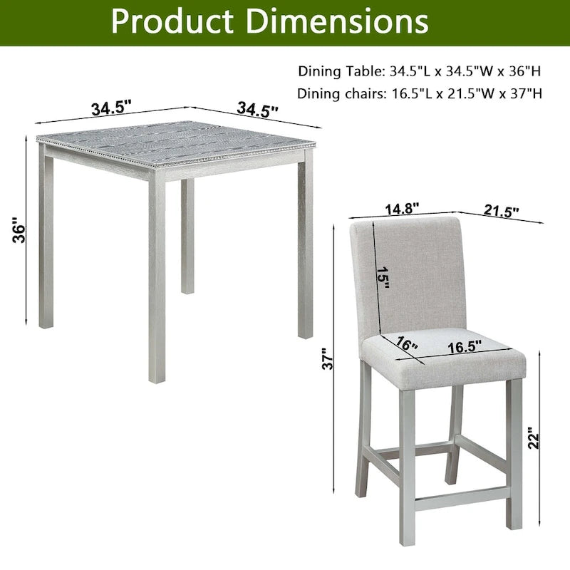 Ensemble de salle à manger moderne 5 pièces avec table carrée hauteur comptoir et 4 chaises rembourrées