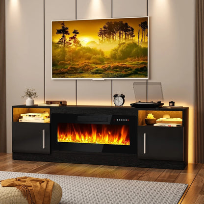 Meuble TV cheminée Bossin 70 avec cheminée électrique 36, meuble TV pour téléviseurs jusqu'à 80 pouces, lumières LED 16 couleurs/centre de divertissement