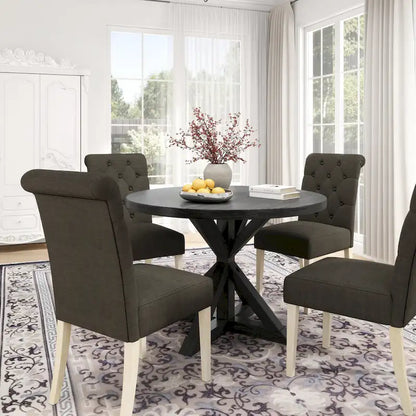 Ensemble de salle à manger 5 pièces, ensemble de meubles de cuisine en bois, table ronde avec piètement central en croix et 4 chaises capitonnées