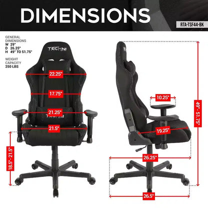 Fauteuil de gaming ergonomique haut dossier en tissu style baquet noir - Techni Sport : Bureau, pivotant, support lombaire