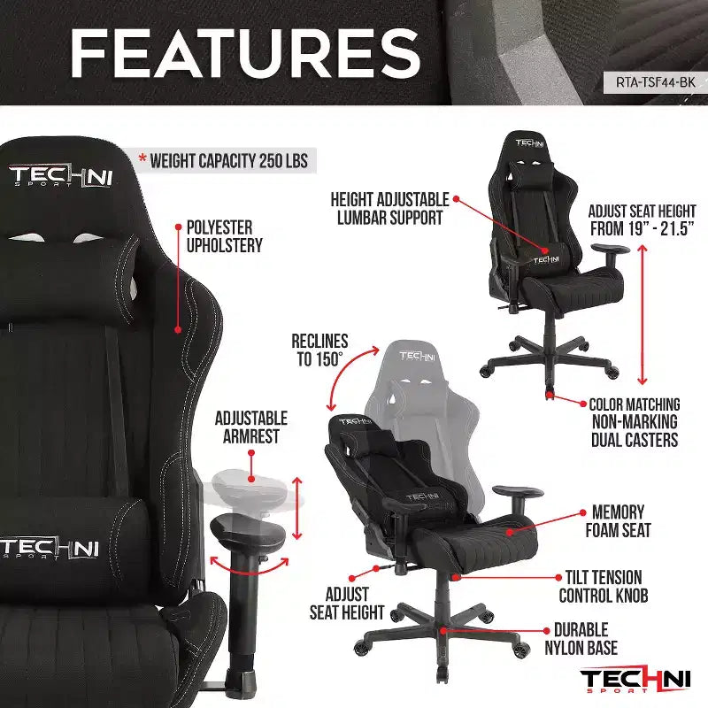 Fauteuil de gaming ergonomique haut dossier en tissu style baquet noir - Techni Sport : Bureau, pivotant, support lombaire