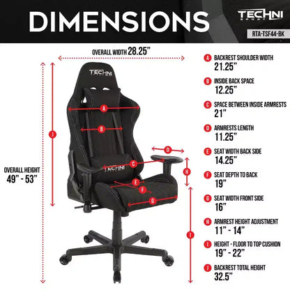 Fauteuil de gaming ergonomique haut dossier en tissu style baquet noir - Techni Sport : Bureau, pivotant, support lombaire