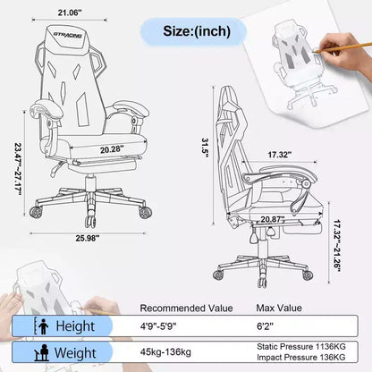 GTRACING Gaming Chair Mesh Computer Chair Ergonomic Recliner with Footrest Black