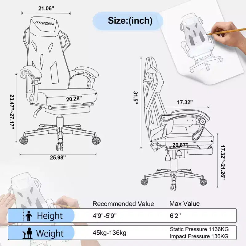 Chaise de jeu GTRACING, chaise d'ordinateur en maille, inclinable ergonomique avec repose-pieds, blanc