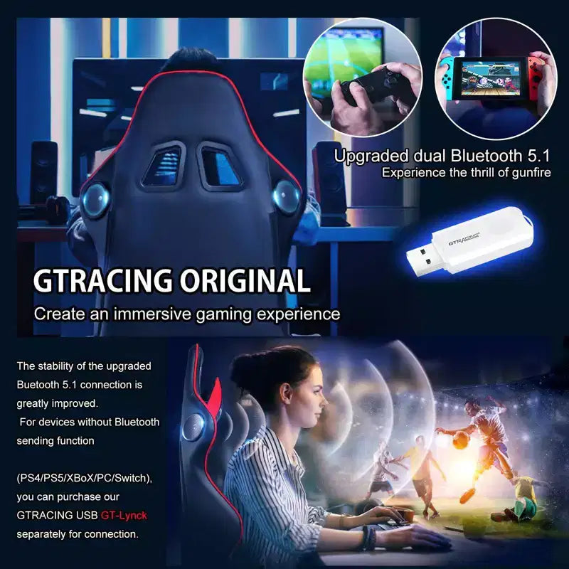 Chaise de jeu GTRACING avec haut-parleurs Bluetooth Fauteuil de bureau à dossier haut en PU Rouge
