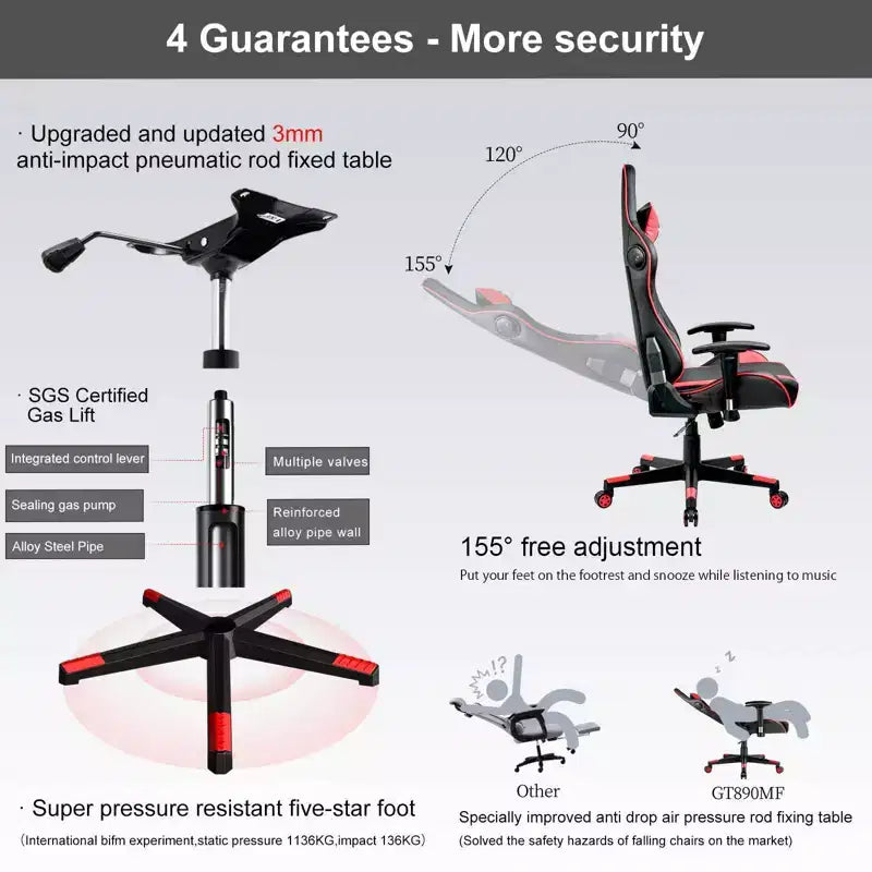 Chaise de jeu GTRACING avec haut-parleurs Bluetooth Fauteuil de bureau à dossier haut en PU Rouge