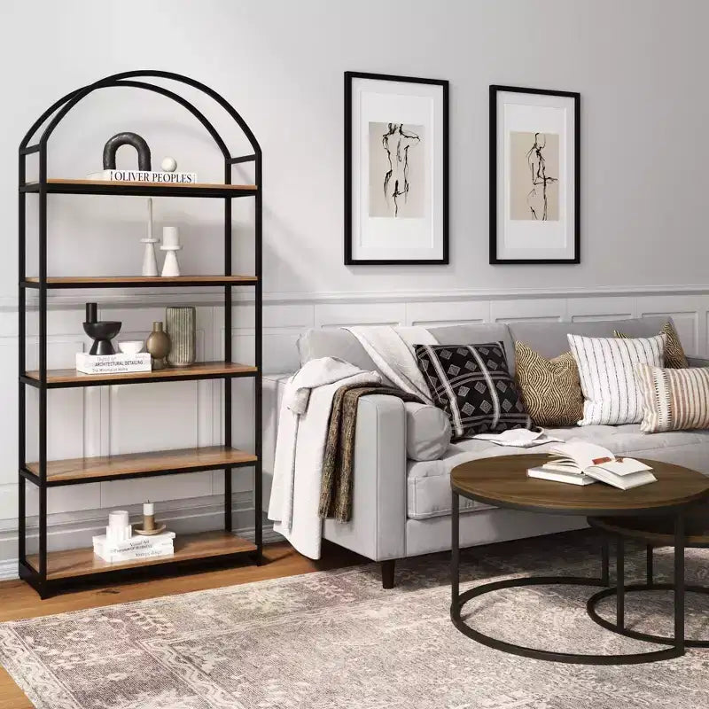 Étagère Arche à 5 tablettes 72" Haven en bois et métal, Chêne récupéré/Noir mat - Nathan James
