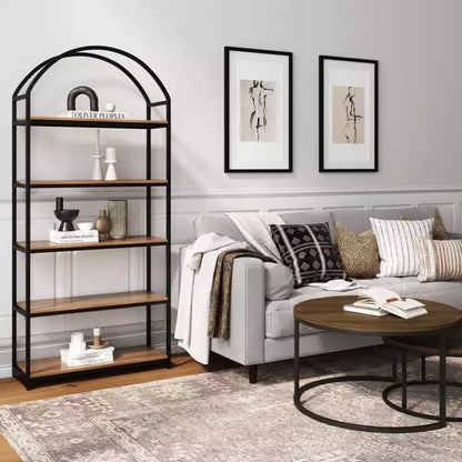Étagère Arche à 5 tablettes 72" Haven en bois et métal, Chêne récupéré/Noir mat - Nathan James