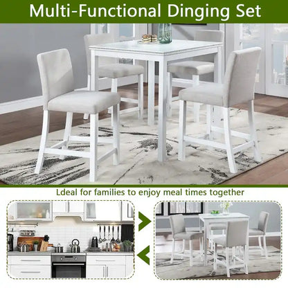 Ensemble de salle à manger moderne 5 pièces avec table carrée hauteur comptoir et 4 chaises rembourrées