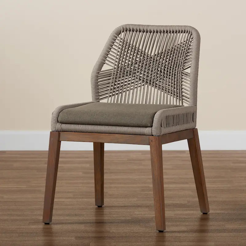 Chaise de salle à manger en acajou et corde tressée, style transitionnel moderne, grise