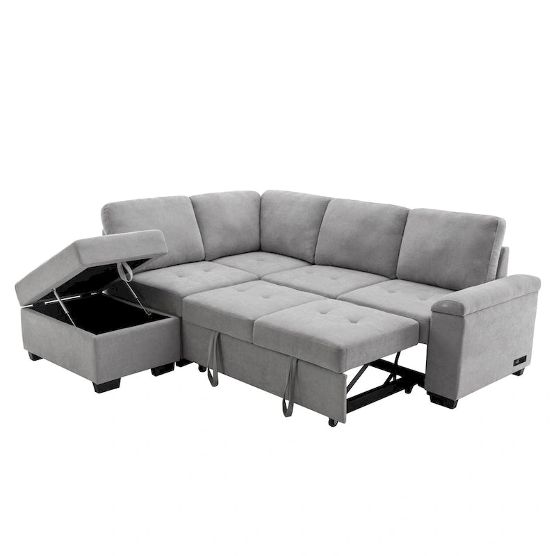 Canapé d'angle convertible 5 places en L 84,75 po avec pouf de rangement, rangement de bras dissimulé et chargement USB pour salon