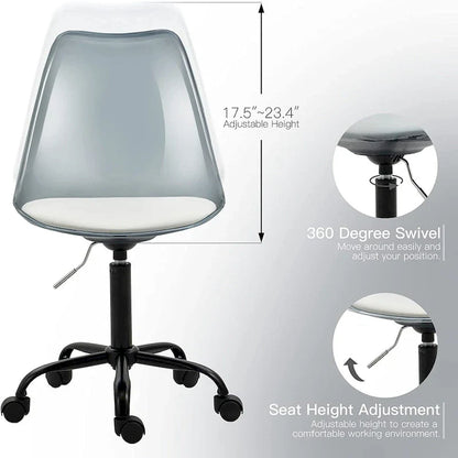 Chaise de bureau à roulettes sans accoudoirs, réglable en hauteur, en acrylique pivotant