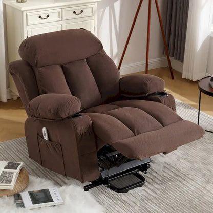 Fauteuil inclinable électrique gris avec massage chauffant, chargement USB, télécommande et poches latérales pratiques pour les personnes âgées