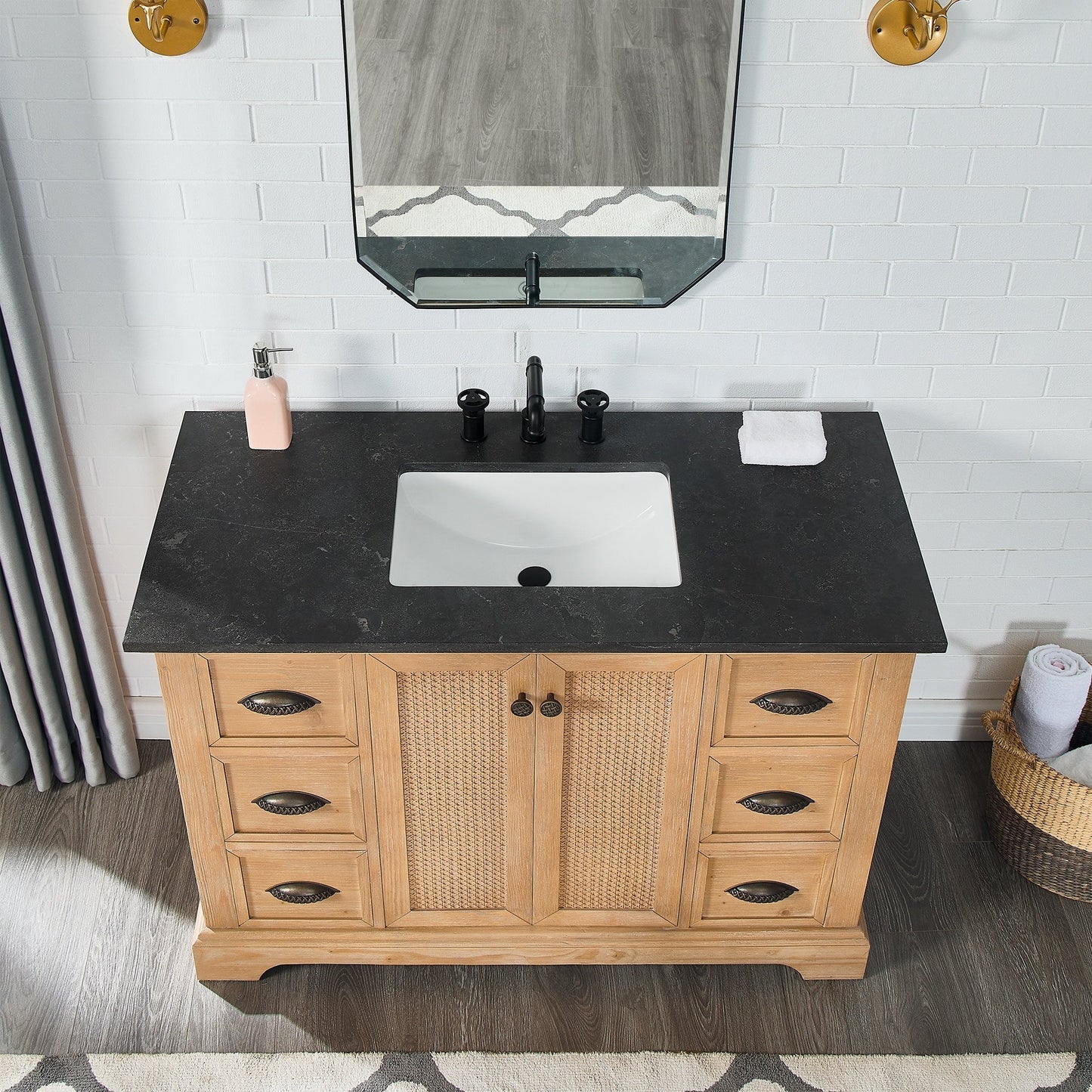 Meuble sous-vasque Hervas avec plateau en marbre naturel, sans miroir