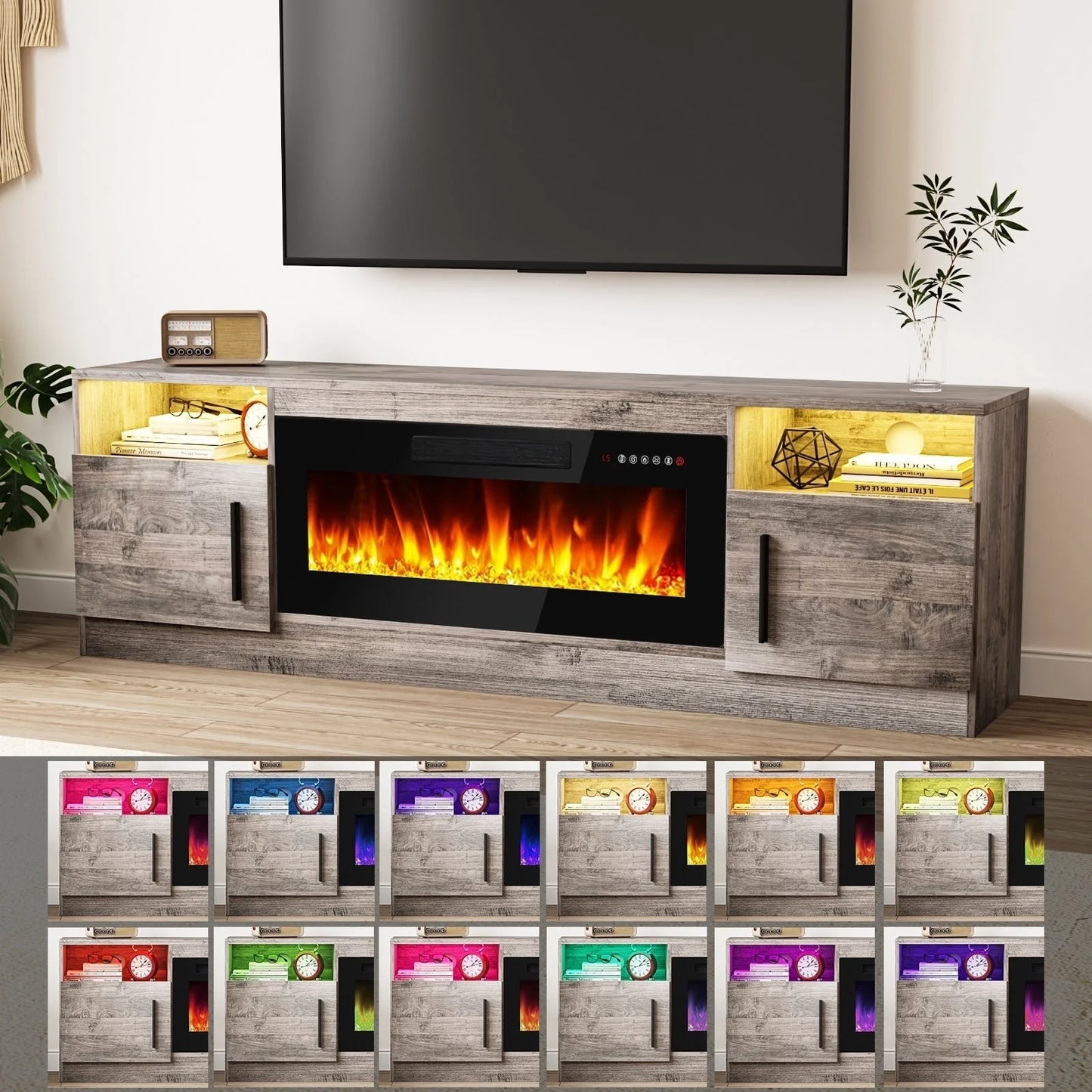 Meuble TV cheminée Bossin 70 avec cheminée électrique 36, meuble TV pour téléviseurs jusqu'à 80 pouces, lumières LED 16 couleurs/centre de divertissement