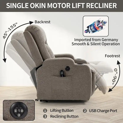 Fauteuil inclinable releveur électrique Lazy Boy, fauteuil de massage moderne à moteur unique avec chauffage lombaire, port de chargement USB, porte-gobelets