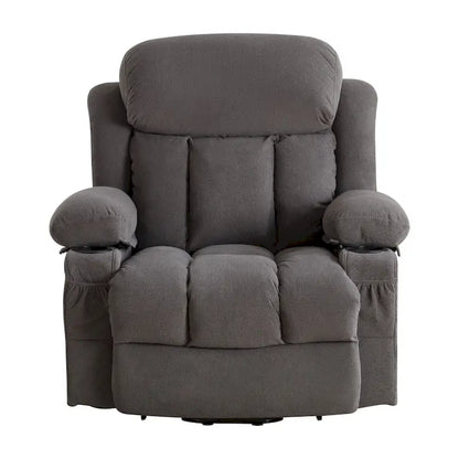 Fauteuil inclinable électrique gris avec massage chauffant, chargement USB, télécommande et poches latérales pratiques pour les personnes âgées
