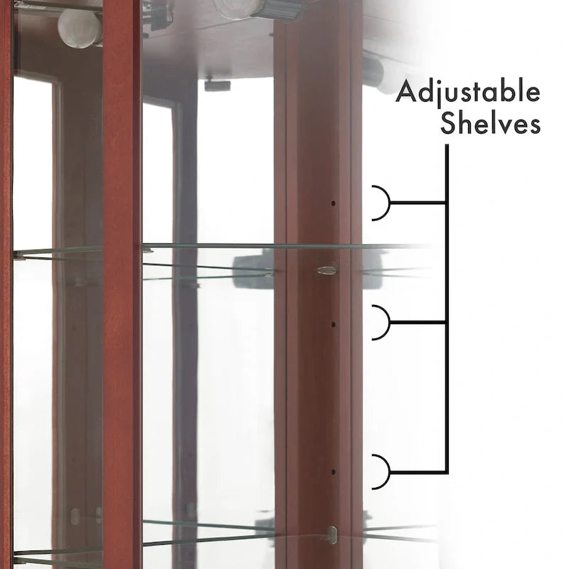 Vitrine d'angle à 6 étagères avec lumières, miroirs et étagères réglables, merisier