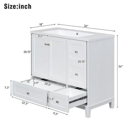 Meuble-lavabo de 36 pouces avec chargement USB, évier en résine, cadre en bois massif, 3 tiroirs de rangement